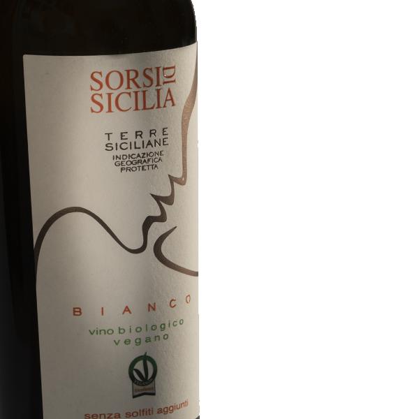 dettaglio etichetta bottiglia di vino bianco Sorsi di Sicilia Mannirà Bio